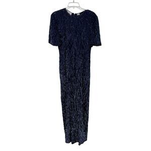Vintage Laurence Kazar Silk Sequin Dress Gown XL Blue Maxi Evening Event Wedding